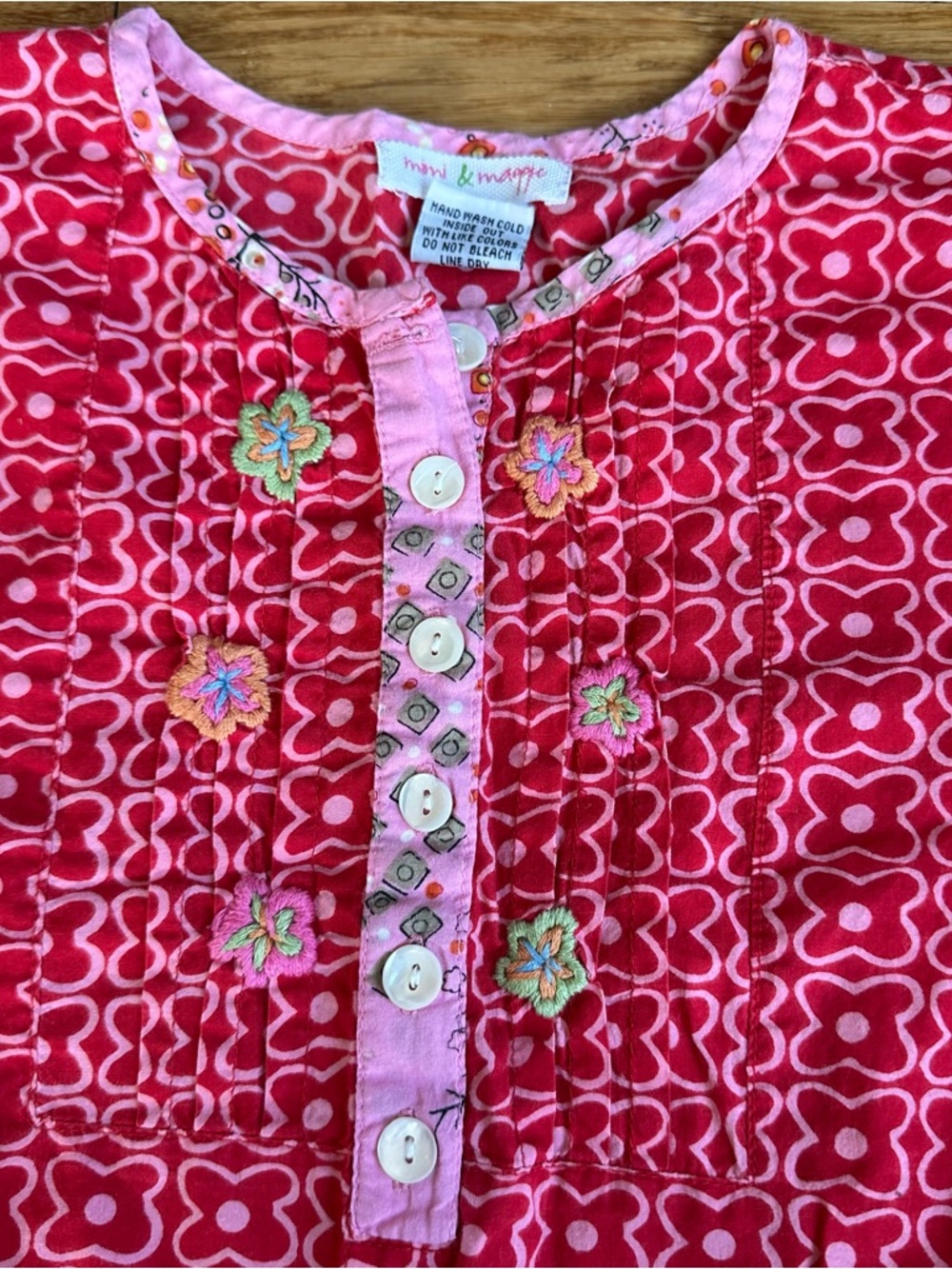 MIMI & MAGGIE Girls 6 Boho Indie Embroidered Red Pink Mixed-Print Peasant Dress - Picture 2 of 4